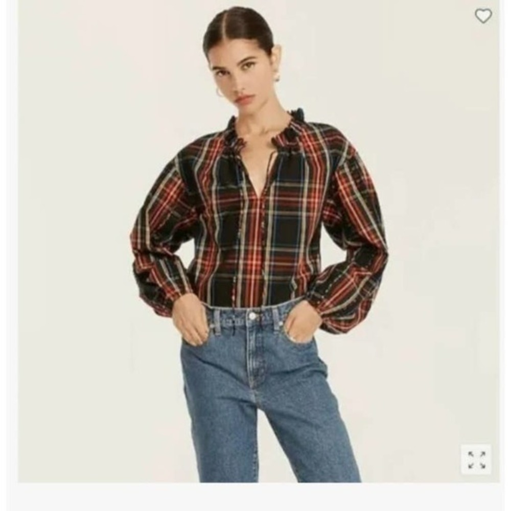 J.Crew Stewart Tartan Red Scalloped Tie Neck Long Sleeve Blouse